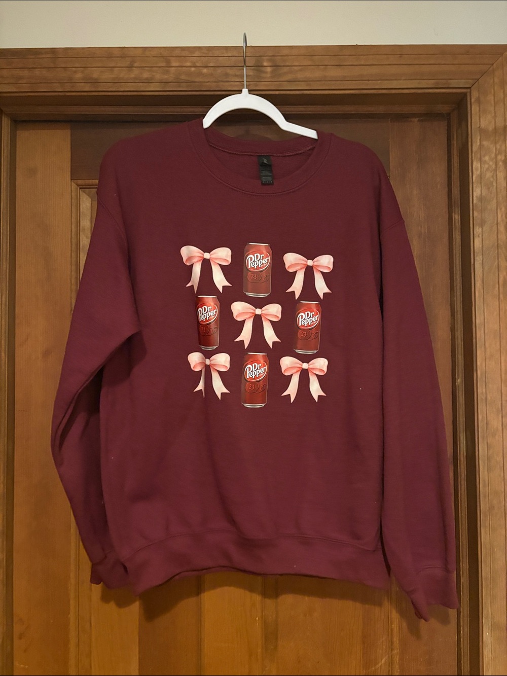 Gildan Maroon Crewneck Sweatshirt with Pink Bow & Soda Can Graphic